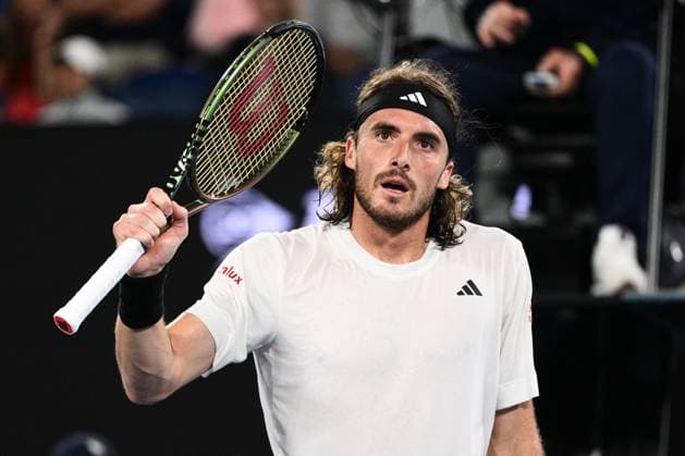 Mandatory Credit: Photo by James Gourley Shutterstock (13729783eq) Stefanos Tsitsipas celebrates during his Quarter Final Match Australian Open, Day Nine, Tennis, Melbourne Park, Melbourne, Australia - 24 Jan 2023 Australian Open, Day Nine, Tennis, Melbourne Park, Melbourne, Australia - 24 Jan 2023 Copyright: xJamesxGourley Shutterstockx 13729783eq