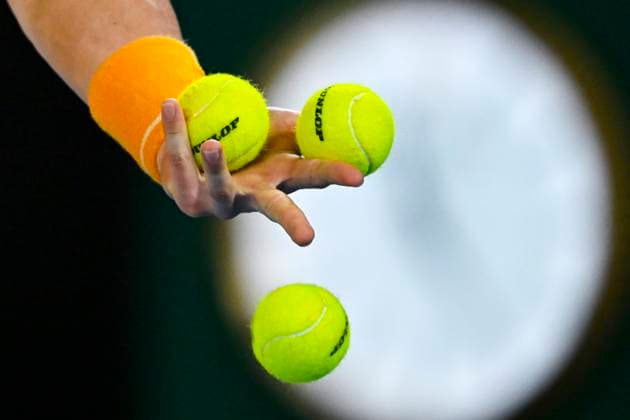 TENNIS AUSTRALIAN OPEN, Jiri Lehecka of Czech Republic chooses between tennis balls while serving during his quarter final match against Stefanos Tsitsipas of Greece at the 2023 Australian Open tennis championship at Melbourne Park in Melbourne, Tuesday, January 24, 2023. ( NO ARCHIVING, EDITORIAL USE ONLY, NO USE IN BOOKS WITHOUT CONSENT MELBOURNE VICTORIA AUSTRALIA  Copyright: xLUKASxCOCHx 20230125001756136943