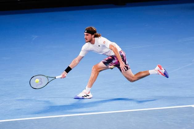 January 24, 2023, Melbourne, Victoria, Australia: MELBOURNE, AUSTRALIA - JANUARY 24: Stefanos Tsitsipas of Greece plays Jiri Lehecka of Czech Republic in quarter final action on day 9 of the 2023 Australian Open at Melbourne Park on January 24, 2023 in Melbourne, Australia. Melbourne Australia - ZUMAp121 20230124_zsp_p121_076 Copyright: xChrisxPutnamx