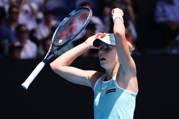 Magda Linette of Poland reacts after defeating Karolina Pliskova of Czech Republic 6-3 7-5 in the Quarter Final match, Day 10 at the Australian Open Tennis 2023 at Rod Laver Arena, Melbourne, Australia on 25 January 2023. Copyright: xPeterxDovganx 34782098