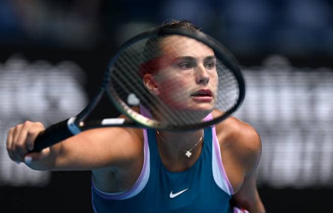 TENNIS AUSTRALIAN OPEN, Aryna Sabalenka of Belarus returns to Donna Vekic of Croatia during their quarter final match at the 2023 Australian Open tennis championship at Melbourne Park in Melbourne, Wednesday, January 25, 2023. ( NO ARCHIVING, EDITORIAL USE ONLY, NO USE IN BOOKS WITHOUT CONSENT MELBOURNE VICTORIA AUSTRALIA  Copyright: xLUKASxCOCHx 20230125001756334246