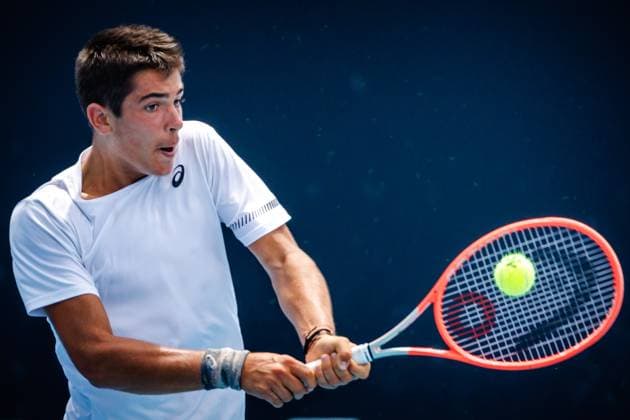 Adriano Dzhenev pictured in action at a tennis match between Belgian Blockx and Bulgarian Dzhenev, in round 3 of the junior boys singles at the Australian Open tennis Grand Slam, Wednesday 25 January 2023 in Melbourne Park, Melbourne, Australia. PATRICKxHAMILTON  x58736519x