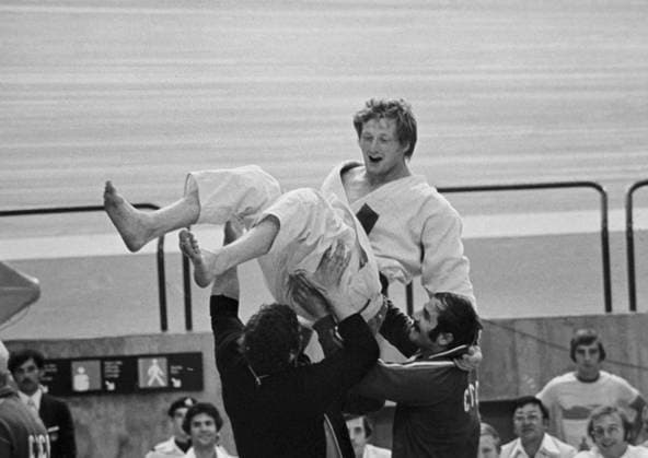 Montreal, Canada. Soviet athlete Sergei Novikov celebrates his gold medal in the men s +93 kg judo event at the 1976 Summer Olympics. Viktor Budan, Yashar Khalilov TASS  1101632