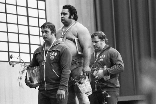 Havirov, Czechoslovak Socialist Republic. Soviet weighlifter Vasily Alexeyev, who won a gold medal in the men s +110 kg event, German weightlifters Jurgen Heuser, who won a silver medal, and Gerd Bonk, who won a bronze medal, participate in the award ceremony at the 57th European Weightlifting Championships. Igor Utkin TASS  15641537