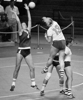 Montreal, Canada. Soviet athlete Zinaida Turchina and East German athlete Waltraud Kretzschmar (L-R front) compete in the women s final handball match USSR vs GDR in the Claude-Robillard Sports Complex during the 1976 Summer Olympics. The Soviet team claims a 14:11 win. Viktor Budan, Yashar Khalilov TASS  17607005