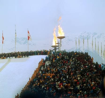 Innsbruck, Austria. The view shows the Olympic Flame lighting during the 1976 Winter Olympics Opening Ceremony at the Bergisel Ski Jump Stadium. Valery Zufarov, Vyacheslav Un Da-Sin TASS  1828519