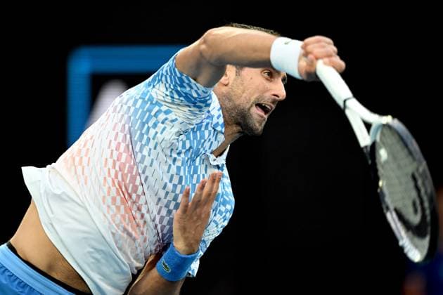 TENNIS AUSTRALIAN OPEN, Novak Djokovic of Serbia in action during his Quarterfinal match agains Andrey Rublev at the 2023 Australian Open tennis tournament at Melbourne Park in Melbourne, Wednesday, January 25, 2023. ( NO ARCHIVING, EDITORIAL USE ONLY, NO USE IN BOOKS WITHOUT CONSENT MELBOURNE VICTORIA AUSTRALIA  Copyright: xLUKASxCOCHx 20230125001756405515