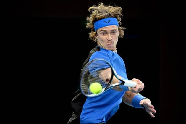 TENNIS AUSTRALIAN OPEN, Andrey Rublev in action during his Quarterfinal match against Novak Djokovic of Serbia at the 2023 Australian Open tennis tournament at Melbourne Park in Melbourne, Wednesday, January 25, 2023. ( NO ARCHIVING, EDITORIAL USE ONLY, NO USE IN BOOKS WITHOUT CONSENT MELBOURNE VICTORIA AUSTRALIA  Copyright: xLUKASxCOCHx 20230125001756406338