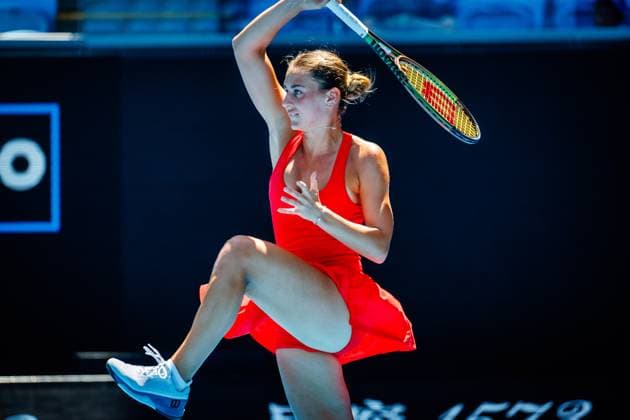 Ukrainian Marta Kostyuk pictured in action during a tennis match between Belgian-US pair Mertens-Hunter and Ukrainian-Romanian pair Kostyuk-Ruse, the quarter-finals of the women s doubles at the Australian Open tennis Grand Slam, Wednesday 25 January 2023 in Melbourne Park, Melbourne, Australia. PATRICKxHAMILTON  x58739417x