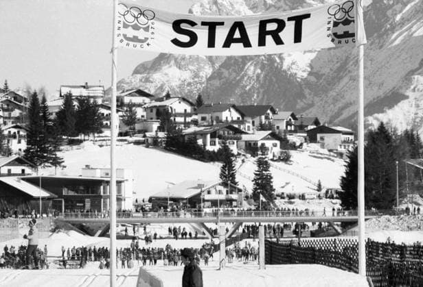February 7-15, 1976. Austria. The view shows the starting point of the Ski jumping, Skispringen, Ski, nordisch competition of the 1976 Winter Olympics at the Toni-Seelos-Olympiaschanze hill in Seefeld Village. The exact date of the photograph is unknown. Valery Zufarov, Vyacheslav Un Da-Sin TASS  18716802