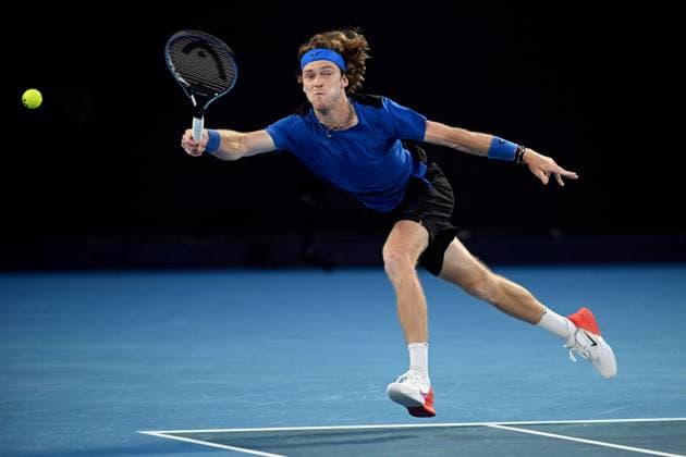 TENNIS AUSTRALIAN OPEN, Andrey Rublev in action during his Quarterfinal match against Novak Djokovic of Serbia at the 2023 Australian Open tennis tournament at Melbourne Park in Melbourne, Wednesday, January 25, 2023. ( NO ARCHIVING, EDITORIAL USE ONLY, NO USE IN BOOKS WITHOUT CONSENT MELBOURNE VICTORIA AUSTRALIA  Copyright: xJAMESxROSSx 20230125001756417885