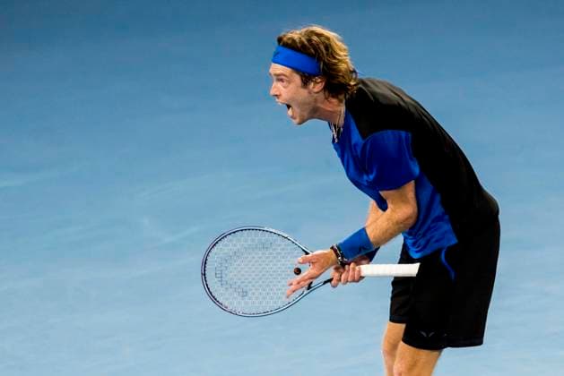 MELBOURNE, VIC - JANUARY 25: Andrey Rublev of Russia shows his frustration during the Quarterfinals of the 2023 Australian Open on January 25 2023, at Melbourne Park in Melbourne, Australia. (Photo by Jason Heidrich Icon Sportswire) TENNIS: JAN 25 Australian Open Icon230125189
