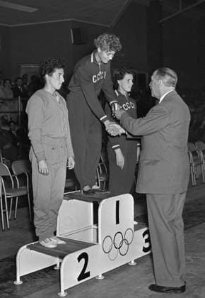 Melbourne, Australia. November 22 - December 8, 1956. Hungarian gymnast Agnes Keleti (L, silver), Soviet gymnasts Larisa Latynina (C, gold) and Sofia Muratova (R, bronze) attend the solemn awarding ceremony of the all-around gymnastics medalists of the 1956 Summer Olympics. The exact date of the photograph is unknown. Vasily Yegorov TASS  32395138