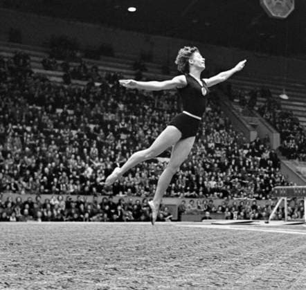 Moscow, USSR. April 22, 1958. All-around Olympic champion, World champion, European champion Larisa Latynina performs her floor routine at the USSR Artistic Gymnastics Individual Championship. Sergei Preobrazhensky TASS  32395324