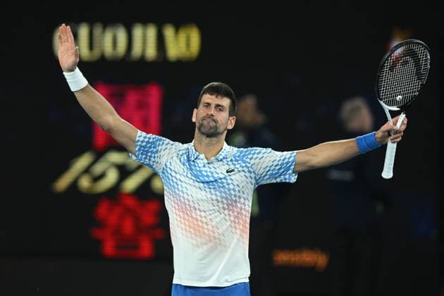 TENNIS AUSTRALIAN OPEN, Novak Djokovic of Serbia celebrates match point during his Quarterfinal match agains Andrey Rublev at the 2023 Australian Open tennis tournament at Melbourne Park in Melbourne, Wednesday, January 25, 2023. ( NO ARCHIVING, EDITORIAL USE ONLY, NO USE IN BOOKS WITHOUT CONSENT MELBOURNE VICTORIA AUSTRALIA  Copyright: xJAMESxROSSx 20230125001756432004