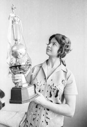 February 1-22, 1974. Rostov-On-Don, USSR. Three-time Olympic champion, multiple world and European champion, Soviet gymnast Lyudmilla Tourischeva poses for a picture with the Tunity Cup received for winning international competitions in Japan. The exact date of the photograph is unknown. Vasily Turbin, Vyacheslav Un Da-Sin TASS  3397663