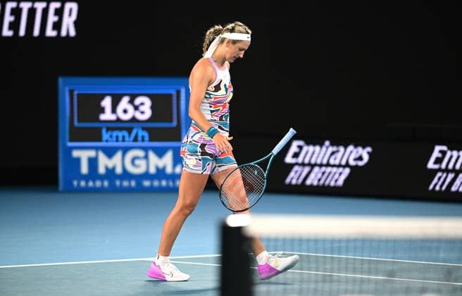 TENNIS AUSTRALIAN OPEN, Victoria Azarenka of Belarus reacts during her semi final match against Elena Rybakina of Kazakhstan at the 2023 Australian Open tennis championship at Melbourne Park in Melbourne, Thursday, January 26, 2023. ( NO ARCHIVING, EDITORIAL USE ONLY, NO USE IN BOOKS WITHOUT CONSENT MELBOURNE VICTORIA AUSTRALIA  Copyright: xJAMESxROSSx 20230126001756762708