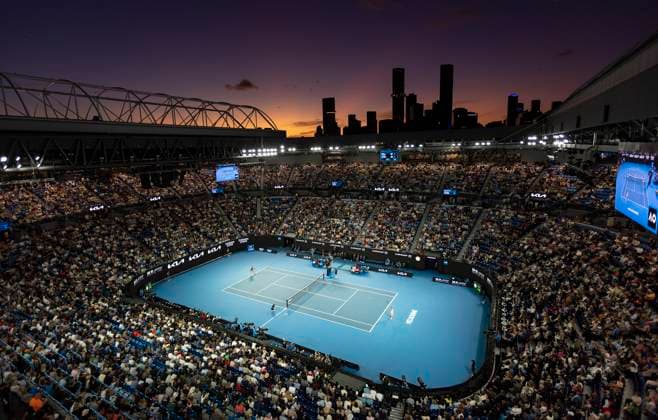 (230126) -- MELBOURNE, Jan. 26, 2023 -- Photo taken on Jan. 26, 2023, shows the general view of the women s singles semifinal match between Elena Rybakina (L) of Kazakhstan and Victoria Azarenka of Belarus at Australian Open in Melbourne Park in Melbourne, Australia, Jan. 26, 2023. ) (SP)AUSTRALIA-MELBOURNE-TENNIS-AUSTRALIAN OPEN-WOMEN S SINGLES-SEMIFINAL BaixXuefei 