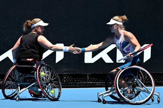TENNIS AUSTRALIAN OPEN, Diede De Groot (right) and Aniek Van Koot of the Netherlands celebrate during their Women?s Wheelchair Doubles final against Yui Kamiji of Japan and Shenzhen Zhu of China at the 2023 Australian Open tennis championship at Melbourne Park in Melbourne, Thursday, January 26, 2023. ( NO ARCHIVING, EDITORIAL USE ONLY, NO USE IN BOOKS WITHOUT CONSENT MELBOURNE VICTORIA AUSTRALIA  Copyright: xLUKASxCOCHx 20230127001757012583