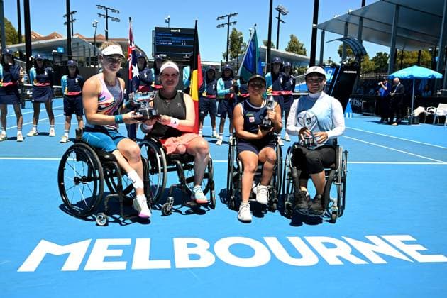 TENNIS AUSTRALIAN OPEN, Diede De Groot (left) and Aniek Van Koot of the Netherlands pose for a photograph after winning their Women?s Wheelchair Doubles final against Yui Kamiji of Japan and Zhenzhen Zhu of China (right) at the 2023 Australian Open tennis championship at Melbourne Park in Melbourne, Friday, January 27, 2023. ( NO ARCHIVING, EDITORIAL USE ONLY, NO USE IN BOOKS WITHOUT CONSENT MELBOURNE VICTORIA AUSTRALIA  Copyright: xLUKASxCOCHx 20230127001757017917