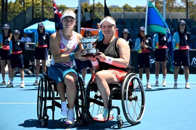TENNIS AUSTRALIAN OPEN, Diede De Groot (left) and Aniek Van Koot of the Netherlands pose for a photograph after winning their Women?s Wheelchair Doubles final against Yui Kamiji of Japan and Zhenzhen Zhu of China at the 2023 Australian Open tennis championship at Melbourne Park in Melbourne, Friday, January 27, 2023. ( NO ARCHIVING, EDITORIAL USE ONLY, NO USE IN BOOKS WITHOUT CONSENT MELBOURNE VICTORIA AUSTRALIA  Copyright: xLUKASxCOCHx 20230127001757018467