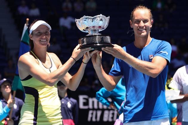 Luisa Stefani and Rafael Matos of Brazil lift the trophy after defeating Sania Mirza and Rohan Bopanna of India 7-6 6-2 in the Mixed Doubles Final match, Day 12 at the Australian Open Tennis 2023 at Rod Laver Arena, Melbourne, Australia on 27 January 2023. Copyright: xPeterxDovganx 34782424