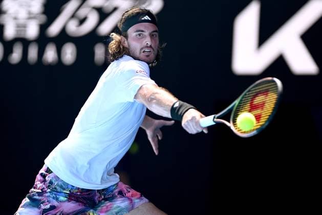 TENNIS AUSTRALIAN OPEN, Stefanos Tsitsipas of Greece plays a shot during the Men?s semi final match against Karen Khachanov of Russia at the 2023 Australian Open tennis championship at Melbourne Park in Melbourne, Friday, January 27, 2023. ( NO ARCHIVING, EDITORIAL USE ONLY, NO USE IN BOOKS WITHOUT CONSENT MELBOURNE VICTORIA AUSTRALIA  Copyright: xJOELxCARRETTx 20230127001757046366