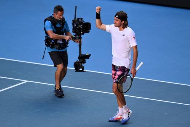 Mandatory Credit: Photo by James Gourley Shutterstock (13736332cy) Stefanos Tsitsipas celebrates victory in his semi-final match Australian Open, Day Twelve, Tennis, Melbourne Park, Melbourne, Australia - 27 Jan 2023 Australian Open, Day Twelve, Tennis, Melbourne Park, Melbourne, Australia - 27 Jan 2023 Copyright: xJamesxGourley Shutterstockx 13736332cy
