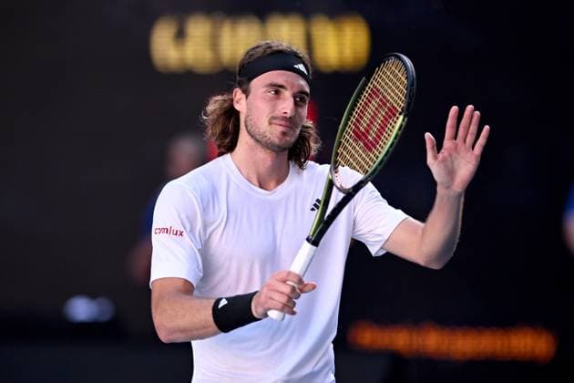 Sport Bilder des Tages TENNIS AUSTRALIAN OPEN, Stefanos Tsitsipas of Greece celebrates after winning his Men?s semi final match against Karen Khachanov of Russia at the 2023 Australian Open tennis championship at Melbourne Park in Melbourne, Friday, January 27, 2023. ( NO ARCHIVING, EDITORIAL USE ONLY, NO USE IN BOOKS WITHOUT CONSENT MELBOURNE VICTORIA AUSTRALIA  Copyright: xJOELxCARRETTx 20230127001757078949