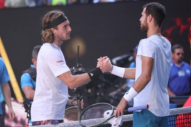 Stefanos Tsitsipas of Greece celebrates defeating Karen Khachanov 7-6 6-4 6-7 6-3 in the Semi Final match, Day 12 at the Australian Open Tennis 2023 at Rod Laver Arena, Melbourne, Australia on 27 January 2023. Copyright: xPeterxDovganx 34782471