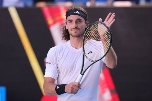 Stefanos Tsitsipas of Greece celebrates defeating Karen Khachanov 7-6 6-4 6-7 6-3 in the Semi Final match, Day 12 at the Australian Open Tennis 2023 at Rod Laver Arena, Melbourne, Australia on 27 January 2023. Copyright: xPeterxDovganx 34782474