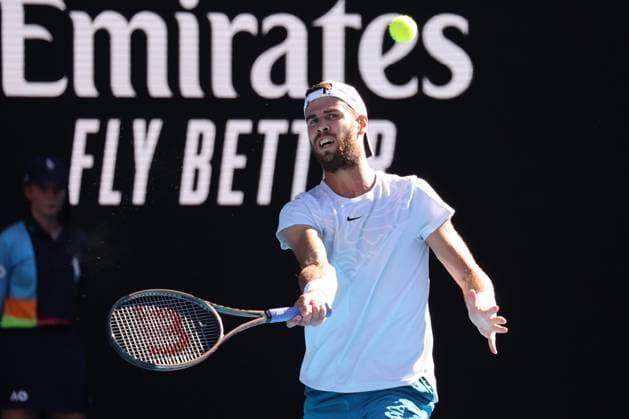 Karen Khachanov in action against Stefanos Tsitsipas of Greece during the Semi Final match, Day 12 at the Australian Open Tennis 2023 at Rod Laver Arena, Melbourne, Australia on 27 January 2023. Copyright: xPeterxDovganx 34782518