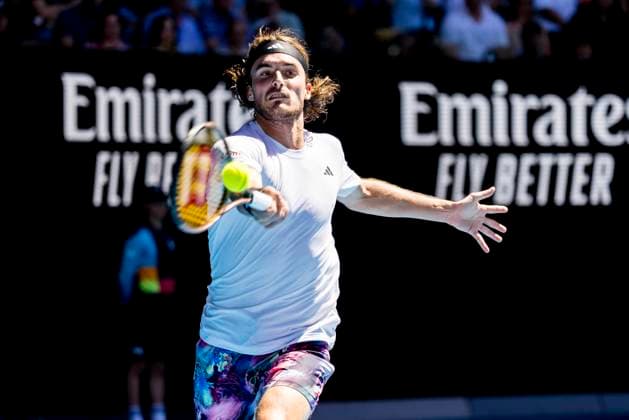 MELBOURNE, VIC - JANUARY 27: Stefanos Tsitsipas of Greece in action during the Semifinals of the 2023 Australian Open on January 27 2023, at Melbourne Park in Melbourne, Australia. (Photo by Jason Heidrich Icon Sportswire) TENNIS: JAN 27 Australian Open Icon230127022