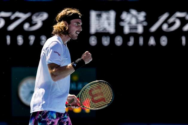 MELBOURNE, VIC - JANUARY 27: Stefanos Tsitsipas of Greece celebrates during the Semifinals of the 2023 Australian Open on January 27 2023, at Melbourne Park in Melbourne, Australia. (Photo by Jason Heidrich Icon Sportswire) TENNIS: JAN 27 Australian Open Icon230127027