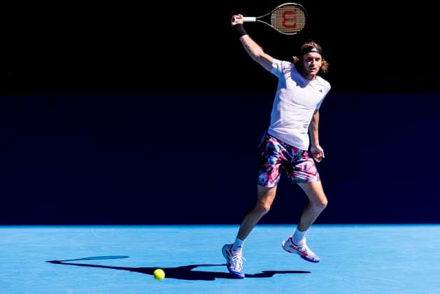 MELBOURNE, VIC - JANUARY 27: Stefanos Tsitsipas of Greece in action during the Semifinals of the 2023 Australian Open on January 27 2023, at Melbourne Park in Melbourne, Australia. (Photo by Jason Heidrich Icon Sportswire) TENNIS: JAN 27 Australian Open Icon230127031
