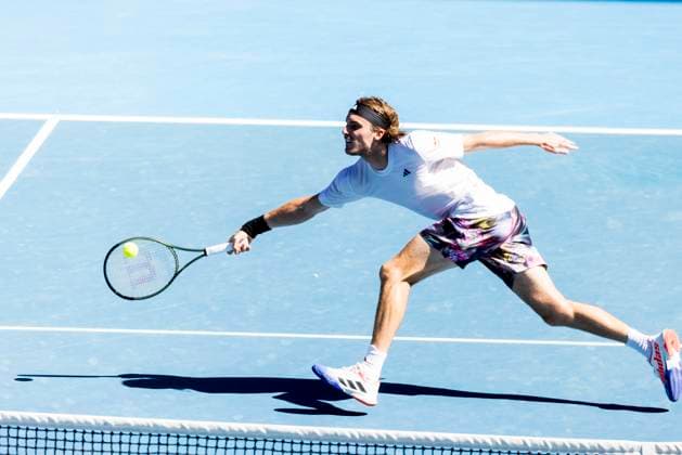 MELBOURNE, VIC - JANUARY 27: Stefanos Tsitsipas of Greece in action during the Semifinals of the 2023 Australian Open on January 27 2023, at Melbourne Park in Melbourne, Australia. (Photo by Jason Heidrich Icon Sportswire) TENNIS: JAN 27 Australian Open Icon230127037