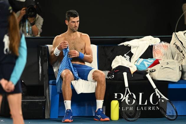 TENNIS AUSTRALIAN OPEN, Novak Djokovic of Serbia between games during the Men?s semi final match against Tommy Paul of the United States at the 2023 Australian Open tennis championship at Melbourne Park in Melbourne, Friday January 27, 2023. ( NO ARCHIVING, EDITORIAL USE ONLY, NO USE IN BOOKS WITHOUT CONSENT MELBOURNE VICTORIA AUSTRALIA  Copyright: xJOELxCARRETTx 20230127001757134345