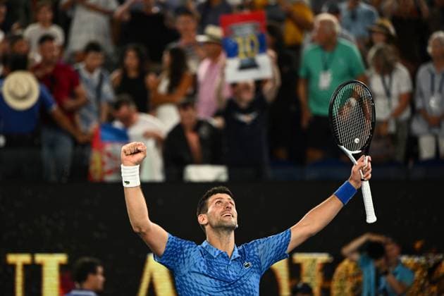 TENNIS AUSTRALIAN OPEN, Novak Djokovic of Serbia celebrates after winning the Men?s semi final match against Tommy Paul of the United States at the 2023 Australian Open tennis championship at Melbourne Park in Melbourne, Friday January 27, 2023. ( NO ARCHIVING, EDITORIAL USE ONLY, NO USE IN BOOKS WITHOUT CONSENT MELBOURNE VICTORIA AUSTRALIA  Copyright: xJOELxCARRETTx 20230127001757137305
