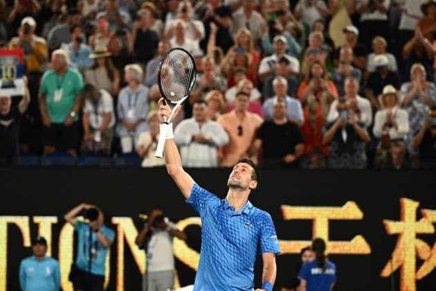 TENNIS AUSTRALIAN OPEN, Novak Djokovic of Serbia celebrates after winning the Men?s semi final match against Tommy Paul of the United States at the 2023 Australian Open tennis championship at Melbourne Park in Melbourne, Friday January 27, 2023. ( NO ARCHIVING, EDITORIAL USE ONLY, NO USE IN BOOKS WITHOUT CONSENT MELBOURNE VICTORIA AUSTRALIA  Copyright: xJOELxCARRETTx 20230127001757137600