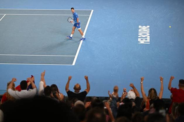 TENNIS AUSTRALIAN OPEN, Novak Djokovic of Serbia celebrates after winning the Men?s semi final match against Tommy Paul of the United States at the 2023 Australian Open tennis championship at Melbourne Park in Melbourne, Friday January 27, 2023. ( NO ARCHIVING, EDITORIAL USE ONLY, NO USE IN BOOKS WITHOUT CONSENT MELBOURNE VICTORIA AUSTRALIA  Copyright: xLUKASxCOCHx 20230127001757137816