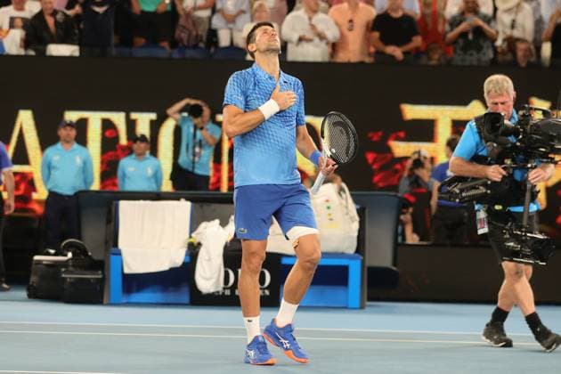 Novak Djokovic of Serbia celebrates defeating Tommy Paul of USA 7-5 6-1 6-2 during the Semi Final match, Day 12 at the Australian Open Tennis 2023 at Rod Laver Arena, Melbourne, Australia on 27 January 2023. Copyright: xPeterxDovganx 34782567