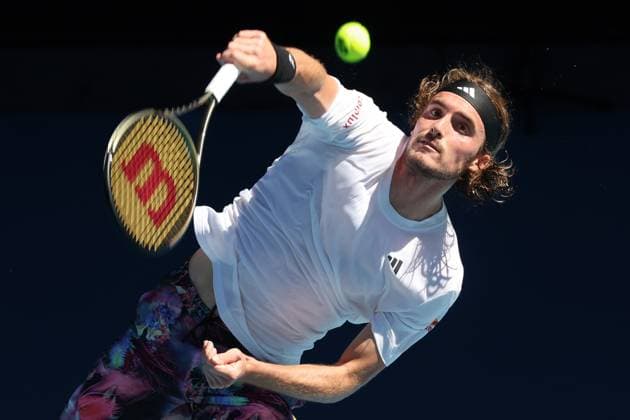 January 27, 2023, Melbourne, Australia: 3rd seed STEFANOS TSITSIPAS of Greece in action against 18th seed K. Khachanov of the Russian Federation on Rod Laver Arena in a Men s Singles Semifinal match on day 12 of the 2023 Australian Open in Melbourne, Australia. Tsitsipas won 7:6, 6:4, 6:7, 6:3. Melbourne Australia - ZUMAc04_ 20230127_zaf_c04_009 Copyright: xSydneyxLowx