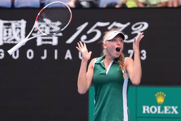 Alina Korneeva reacts to defeating Mirra Andreeva in the Girls Final match 6-7 6-4 7-5, Day 13 at the Australian Open Tennis 2023 at Rod Laver Arena, Melbourne, Australia on 28 January 2023. Copyright: xPeterxDovganx 34782611