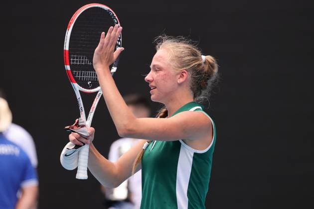 Alina Korneeva reacts to defeating Mirra Andreeva in the Girls Final match 6-7 6-4 7-5, Day 13 at the Australian Open Tennis 2023 at Rod Laver Arena, Melbourne, Australia on 28 January 2023. Copyright: xPeterxDovganx 34782620