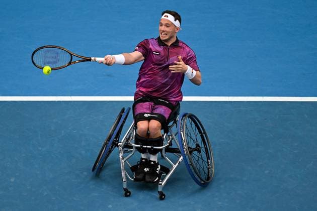 TENNIS AUSTRALIAN OPEN, Alfie Hewett of Great Britain returns during his Men?s Wheelchair singles final match against Tokito Oda of Japan at the 2023 Australian Open tennis championship at Melbourne Park in Melbourne, Saturday, January 28, 2023. ( NO ARCHIVING, EDITORIAL USE ONLY, NO USE IN BOOKS WITHOUT CONSENT MELBOURNE VICTORIA AUSTRALIA  Copyright: xLUKASxCOCHx 20230128001757443084
