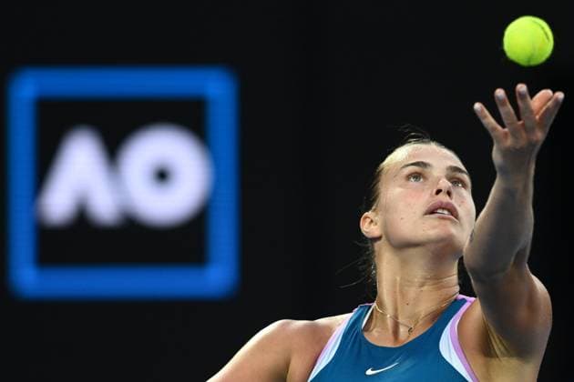 TENNIS AUSTRALIAN OPEN, Aryna Sabalenka of Russia serves during the Women?s Singles Final against Elena Rybakina of Kazakhstan at the 2023 Australian Open tennis tournament at Melbourne Park in Melbourne, Saturday, January 28, 2023. ( NO ARCHIVING, EDITORIAL USE ONLY, NO USE IN BOOKS WITHOUT CONSENT MELBOURNE VICTORIA AUSTRALIA  Copyright: xJOELxCARRETTx 20230128001757458883