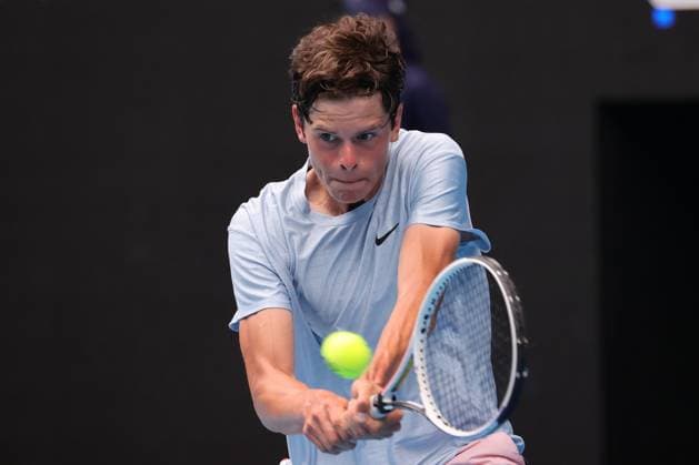 Alexander Blockx of Belgium in action against Learner Tien of USA in the Boys Final match, Day 13 at the Australian Open Tennis 2023 at Rod Laver Arena, Melbourne, Australia on 28 January 2023. Copyright: xPeterxDovganx 34782646