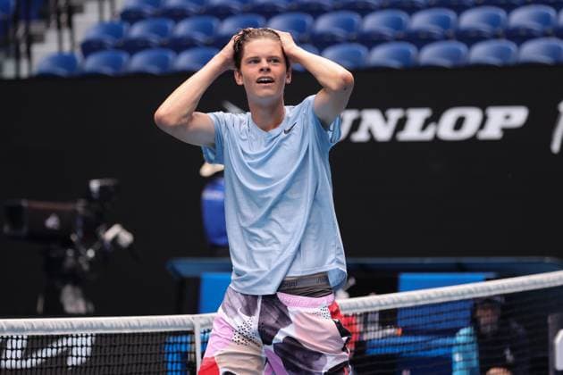 Alexander Blockx of Belgium reacts after defeating Learner Tien of USA 6-1 2-6 7-6 in the Boys Final match, Day 13 at the Australian Open Tennis 2023 at Rod Laver Arena, Melbourne, Australia on 28 January 2023. Copyright: xPeterxDovganx 34782672