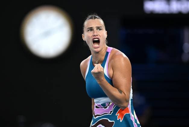 TENNIS AUSTRALIAN OPEN, Aryna Sabalenka of Belarus reacts during the women?s singles final against Elena Rybakina of Kazakhstan at the 2023 Australian Open tennis championship at Melbourne Park in Melbourne, Saturday, January 28, 2023. ( NO ARCHIVING, EDITORIAL USE ONLY, NO USE IN BOOKS WITHOUT CONSENT MELBOURNE VICTORIA AUSTRALIA  Copyright: xJAMESxROSSx 20230128001757460923