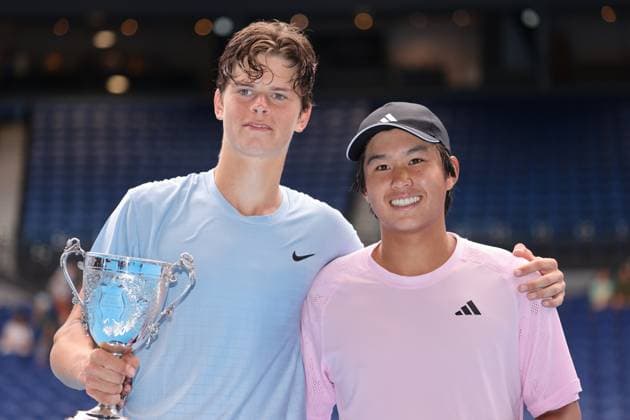 Champion Alexander Blockx of Belgium and Runner Up Learner Tien of USA pose with trophies after the Boys Final match, Day 13 at the Australian Open Tennis 2023 at Rod Laver Arena, Melbourne, Australia on 28 January 2023. Copyright: xPeterxDovganx 34782675